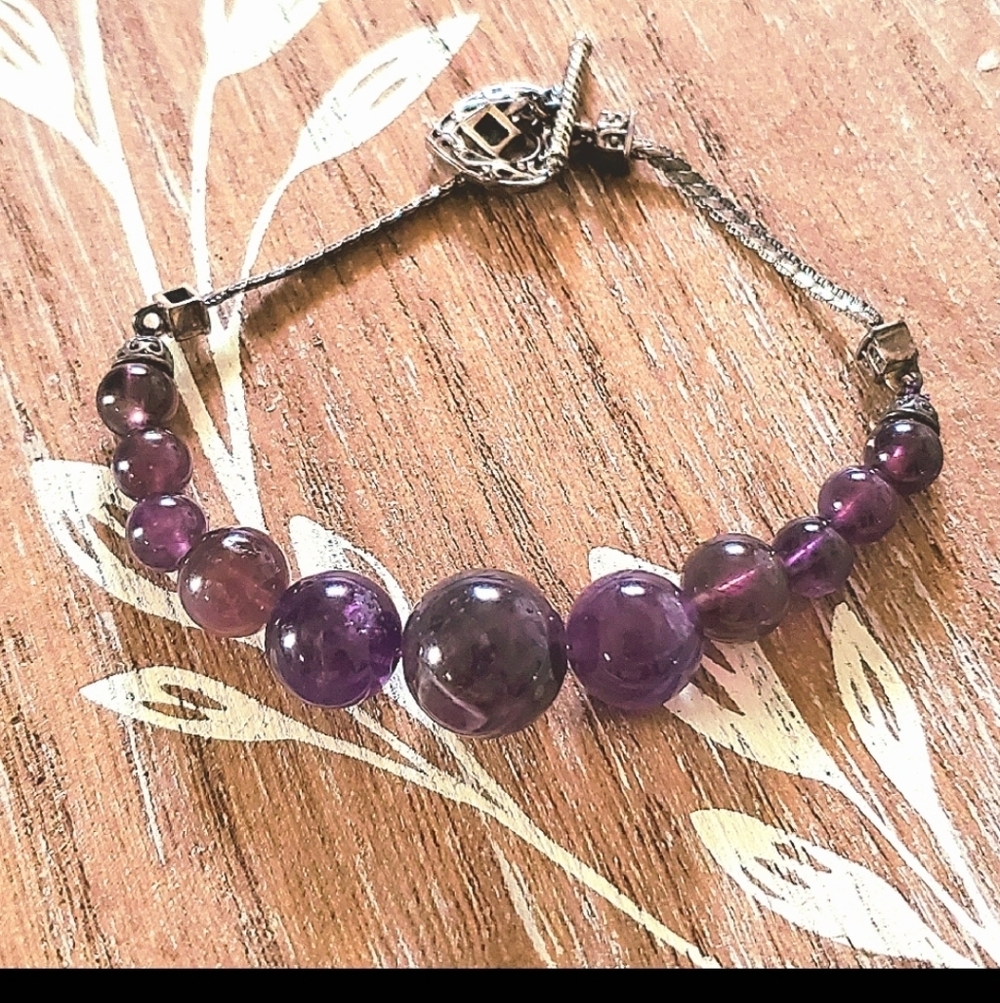 Amethyst Beaded Bolo Bracelet Oxidized Stainless Steel